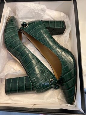 Talbots Dark Green Croc-Embossed Block Heel Pumps